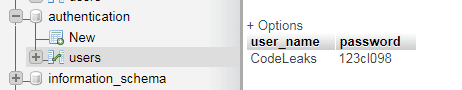User table with two fields.