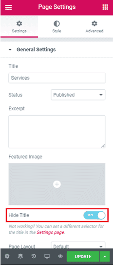 hide title option in elementor page setting.
