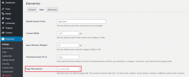Elementor plugin functionality to remove page title in WordPress.